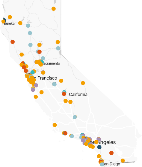 Map of the state of California showing locations of community investment grants